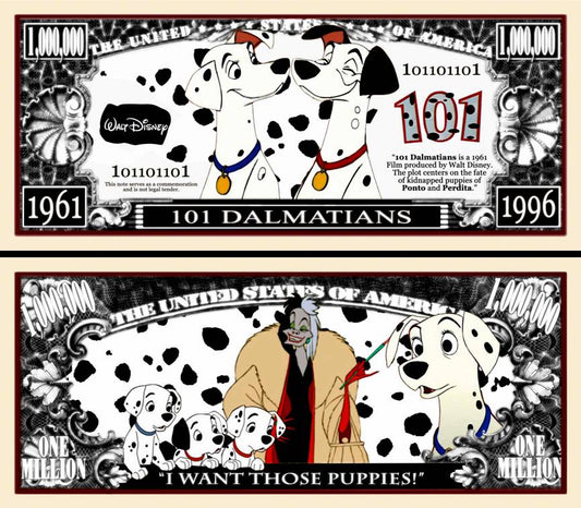 Arlo Wear 101 Dalmatians Cartoon Movie Characters Dogs Commemorative Novelty Million Bill With Semi Rigid Protector Sleeve