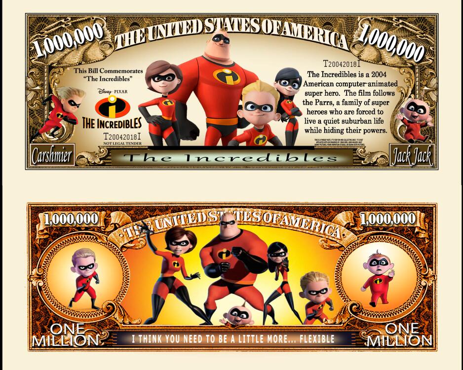 Arlo wear Cartoon Series The Incredibles Characters Commemorative Novelty Million Bill With Semi Rigid Protector Sleeve