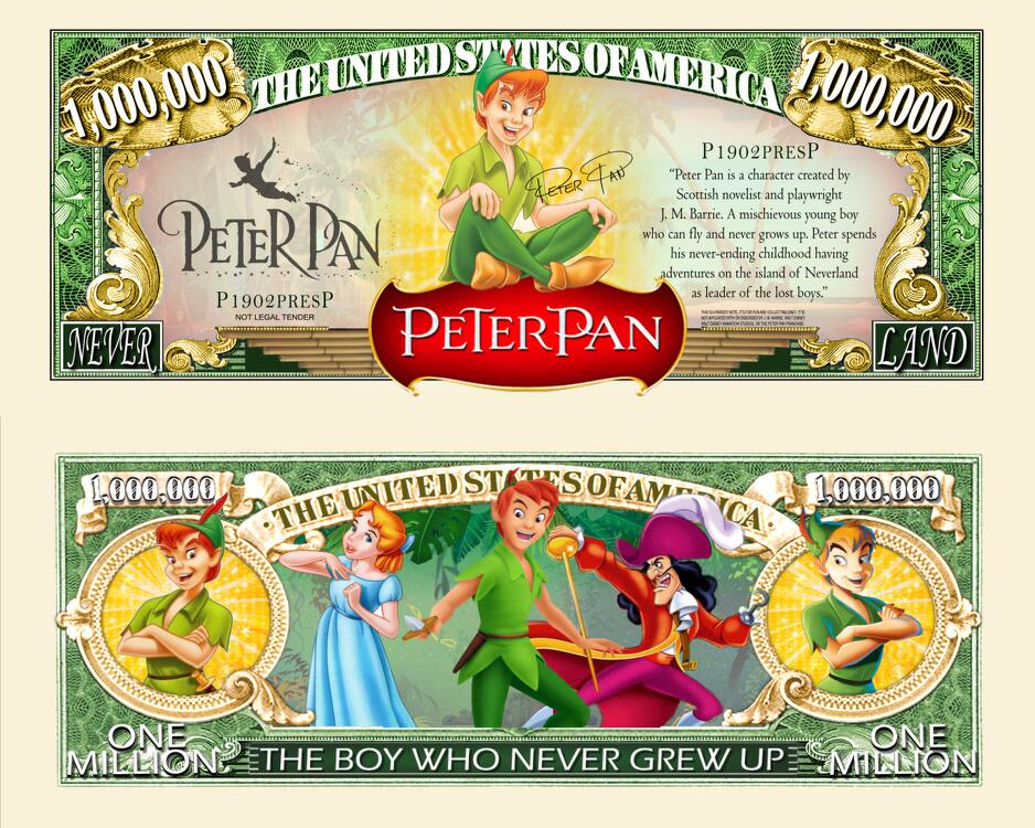 Arlo Wear Disney Character Cartoon Movie Peter Pan Commemorative Novelty Million Bill With Semi Rigid Protector Sleeve