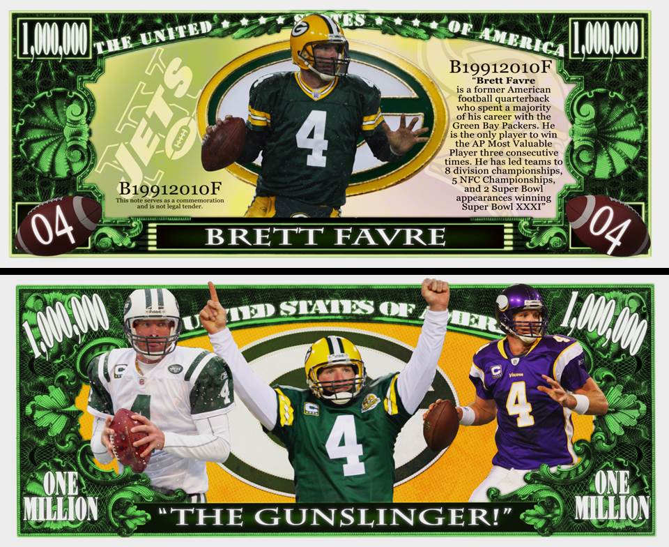 Arlo Wear Green Bay Packers Quarterback Legend Brett Favre Commemorative Novelty Million Bill With Semi Rigid Protector Sleeve