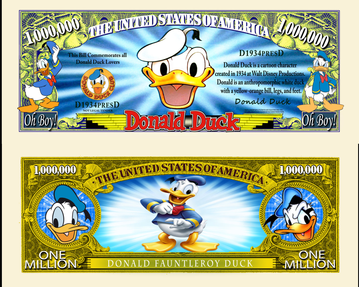 Arlo Wear Disney Character Donald Duck Cartoon Commemorative Novelty Million Bill With Semi Rigid Protector Sleeve