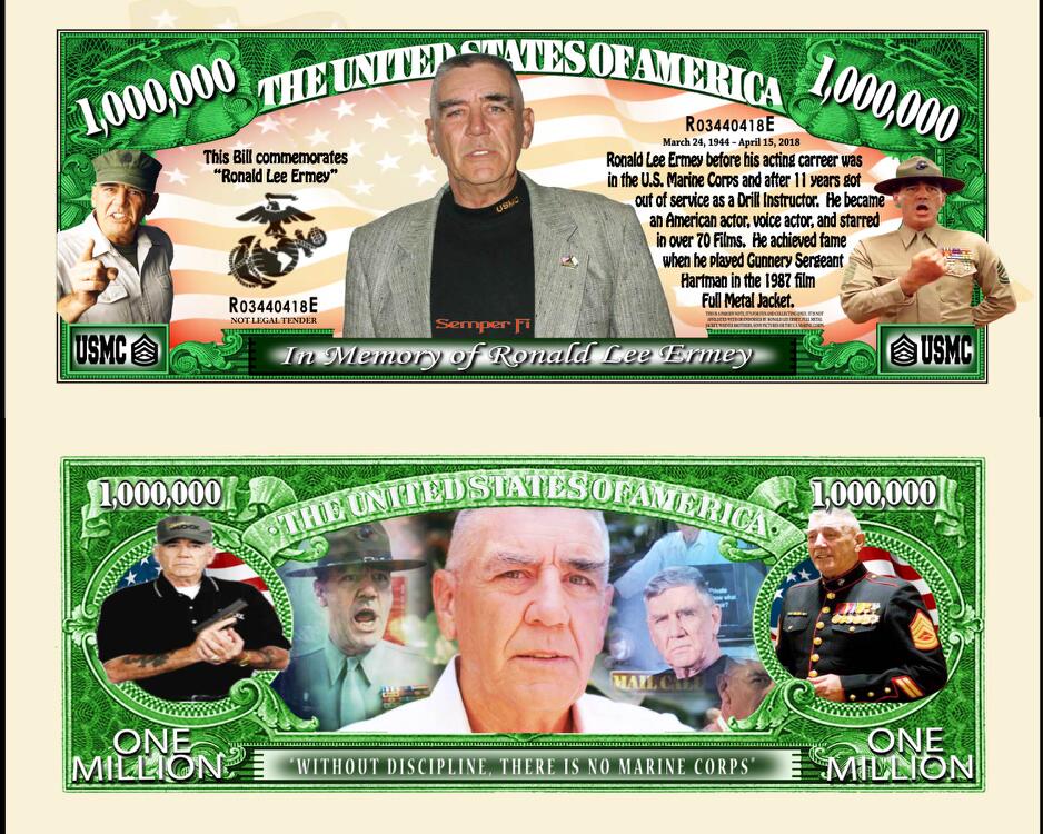 Arlo Wear Ronald Lee Ermey Hollywood Actor Drill Sargent Marine Commemorative Novelty Million Bill With Semi Rigid Protector Sleeve