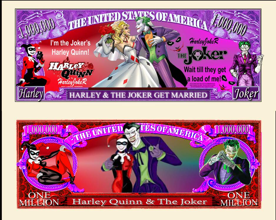 Arlo Wear The Joker and Harley Quinn Get Married DC Comics Suicide Squad Characters Commemorative Novelty Million Bill With Semi Rigid Protector Sleeve