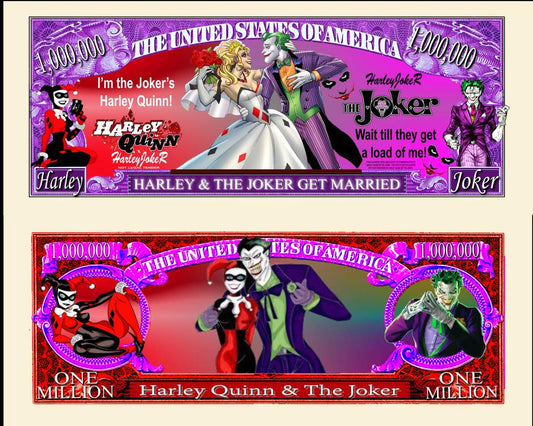 Arlo Wear The Joker and Harley Quinn Get Married DC Comics Suicide Squad Characters Commemorative Novelty Million Bill With Semi Rigid Protector Sleeve