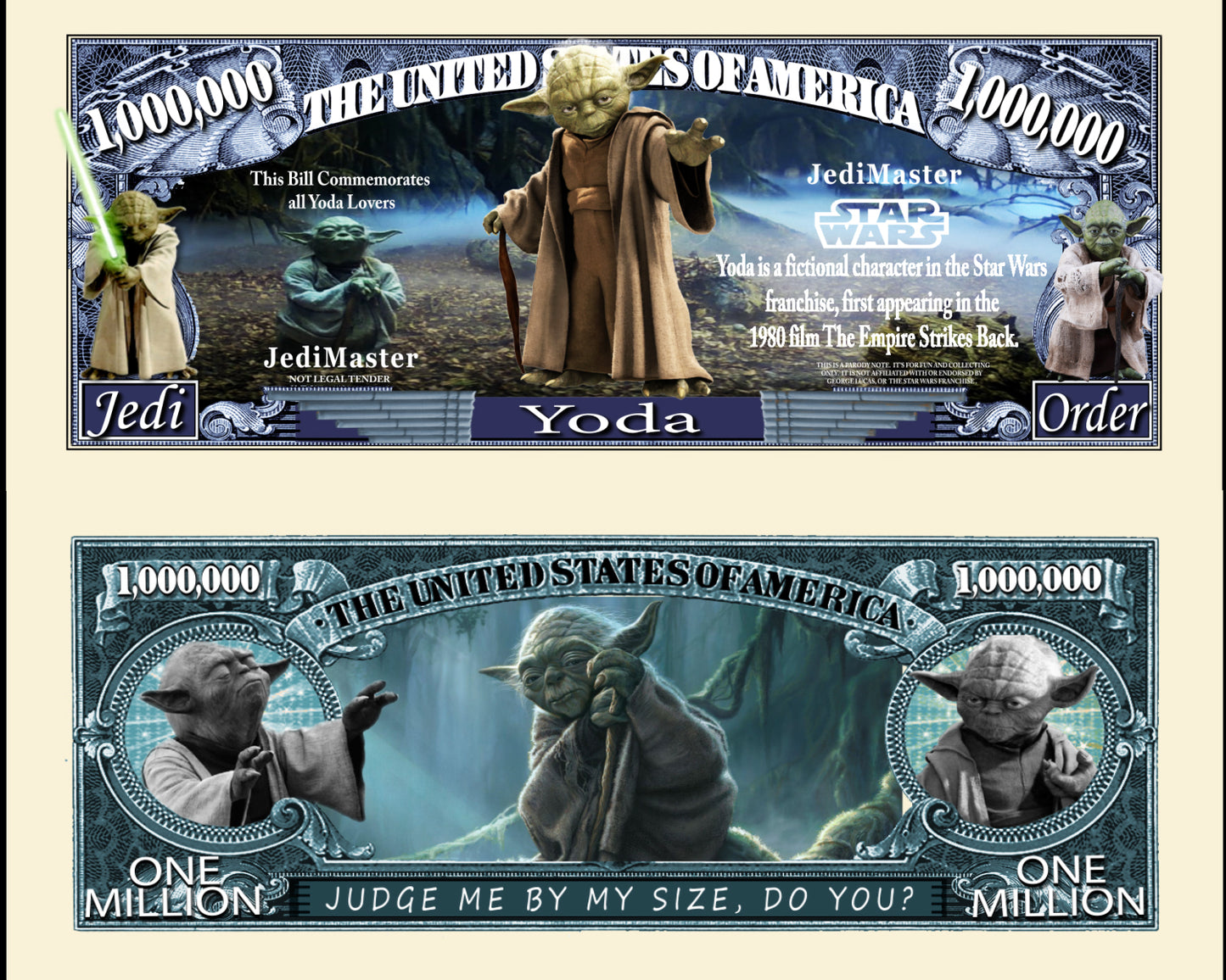 Arlo Wear Star Wars Character Jedi Knight Yoda Commemorative Novelty Million Bill With Semi Rigid Protector Sleeve