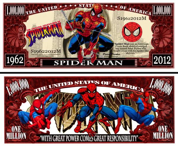 Arlo Wear Spider Man Marvel Comic Book Character Commemorative Novelty Million Bill With Semi Rigid Protector