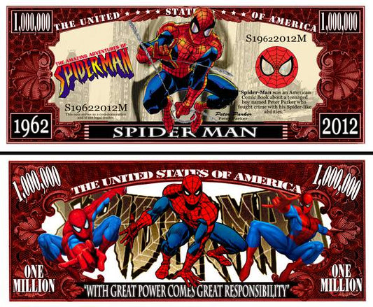 Arlo Wear Spider Man Marvel Comic Book Character Commemorative Novelty Million Bill With Semi Rigid Protector