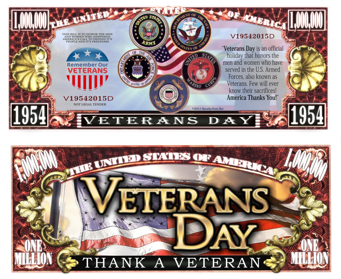 Arlo Wear Veteran’s Day November Holiday Thank A Veteran Commemorative Novelty Million Bill With Semi Rigid Protector Sleeve