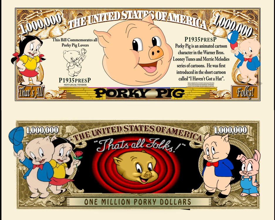 Arlo Wear Looney Tunes Character Porky Pig Cartoon Commemorative Novelty Million Bill With Semi Rigid Protector Sleeve