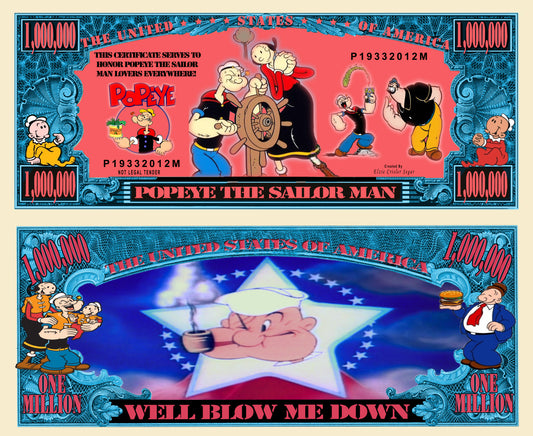 Arlo Wear Classic Cartoon Series Popeye the Sailor Man Commemorative Novelty Million Bill With Semi Rigid Protector Sleeve