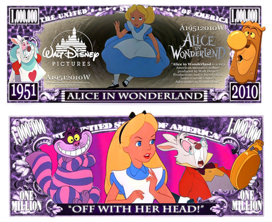 Arlo Wear Alice in Wonderland Cartoon Movie Characters Commemorative Novelty Million Bill With Semi Rigid Protector Sleeve