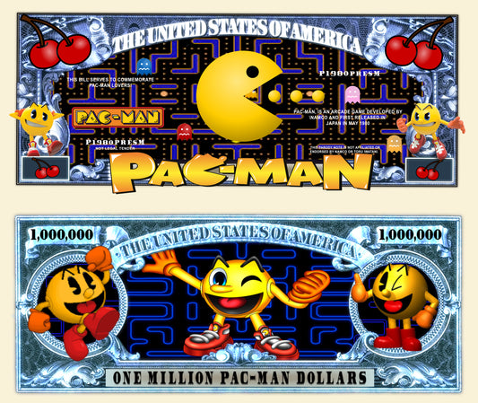 Arlo Wear Classic Video Game Series Character Pac-Man Commemorative Novelty Million Bill With Semi Rigid Protector Sleeve