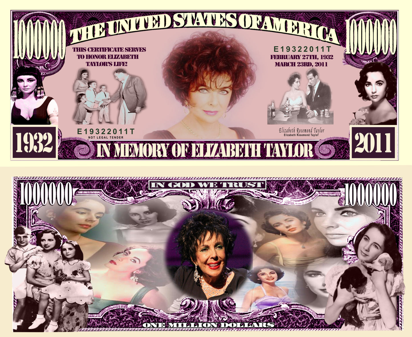 Arlo Wear Elizabeth Taylor Classic Hollywood Actress Commemorative Novelty Million Bill With Semi Rigid Protector Sleeve