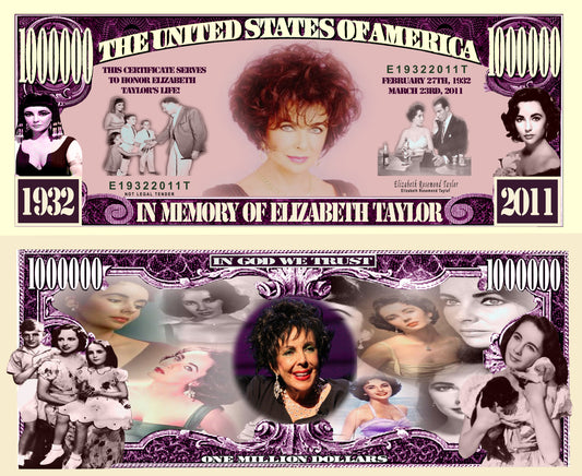 Arlo Wear Elizabeth Taylor Classic Hollywood Actress Commemorative Novelty Million Bill With Semi Rigid Protector Sleeve