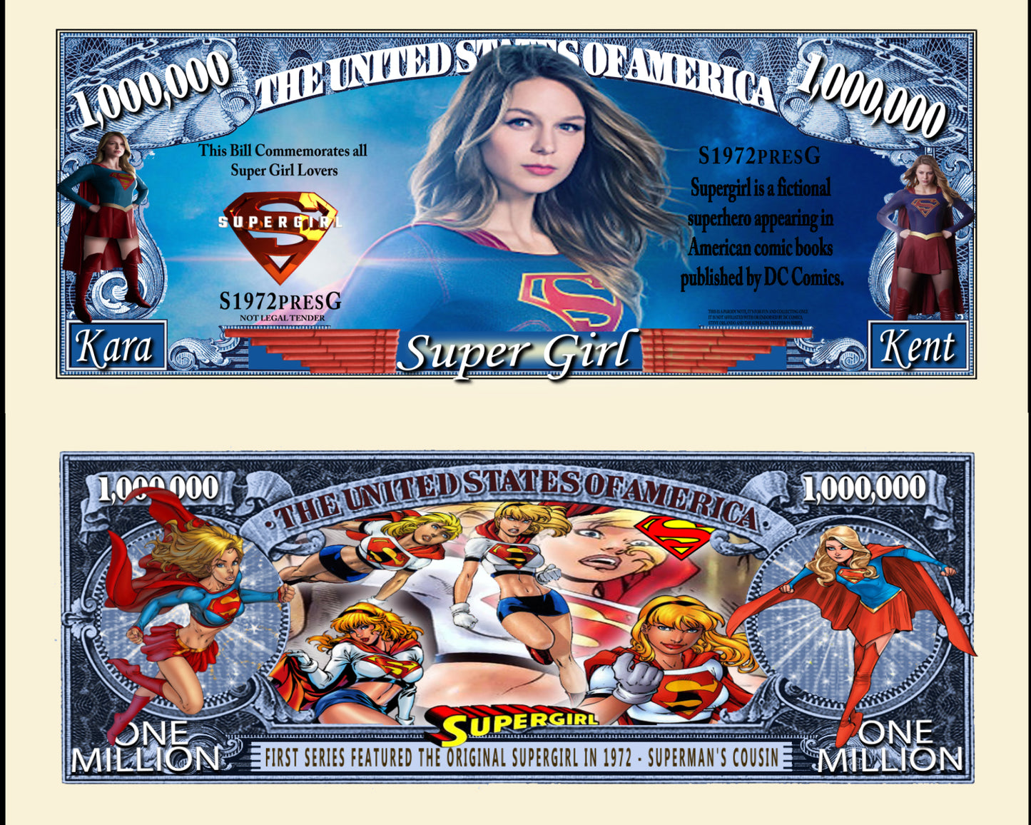 Arlo Wear Super Girl Comic Character DC Comic Books Commemorative Novelty Million Bill With Semi Rigid Protector Sleeve