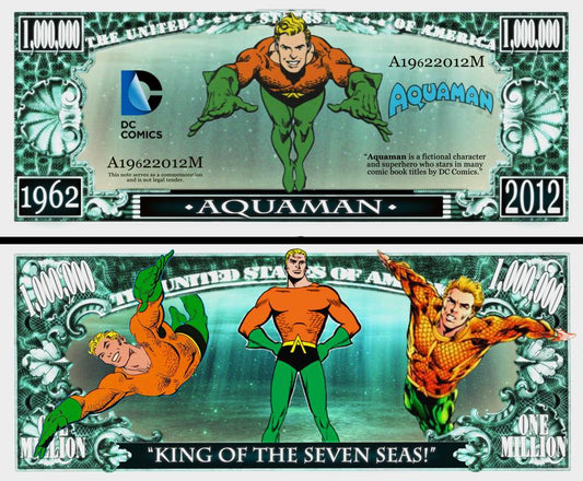 Arlo Wear DC Comics Justice League Comic Book Character Aquaman Commemorative Novelty Million Bill With Semi Rigid Protector Sleeve