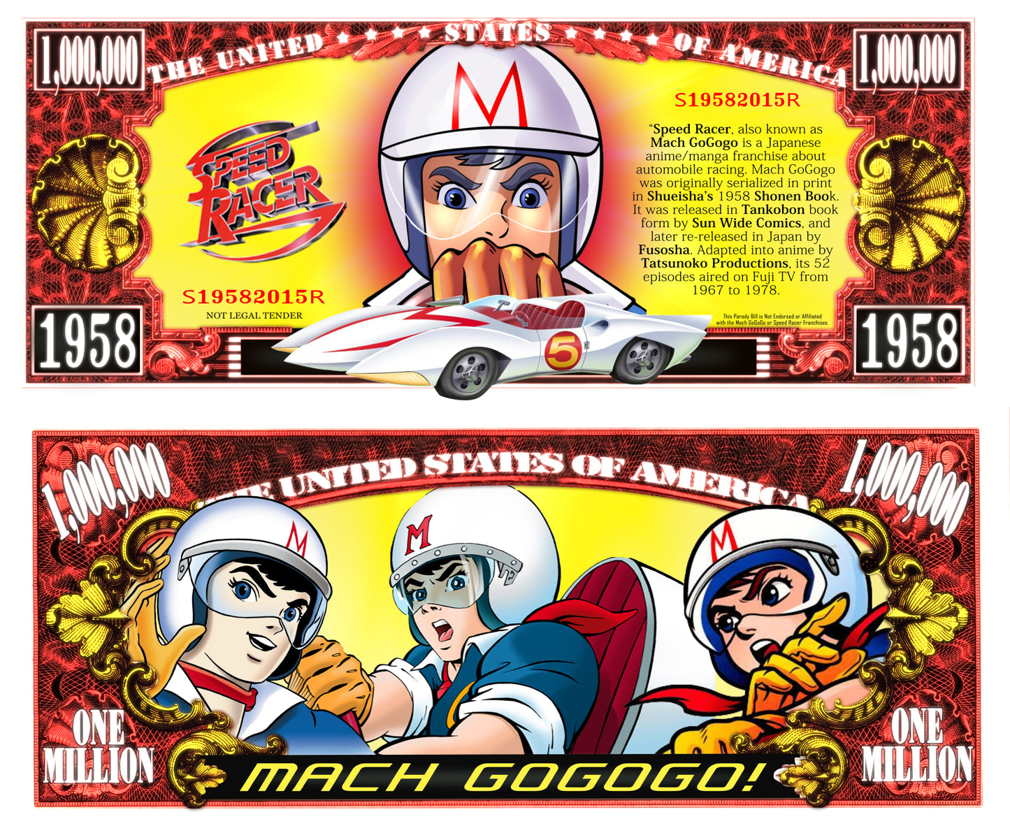 Arlo Wear Vintage Anime Series Speed Racer Mach GoGoGo! Cartoon Series Commemorative Novelty Million Bill With Semi Rigid Protector Sleeve