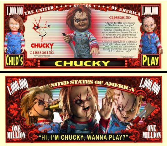 Arlo Wear Child’s Play Horror Movie Series Halloween Character Chucky Doll Commemorative Novelty Million Bill With Semi Rigid Protector Sleeve