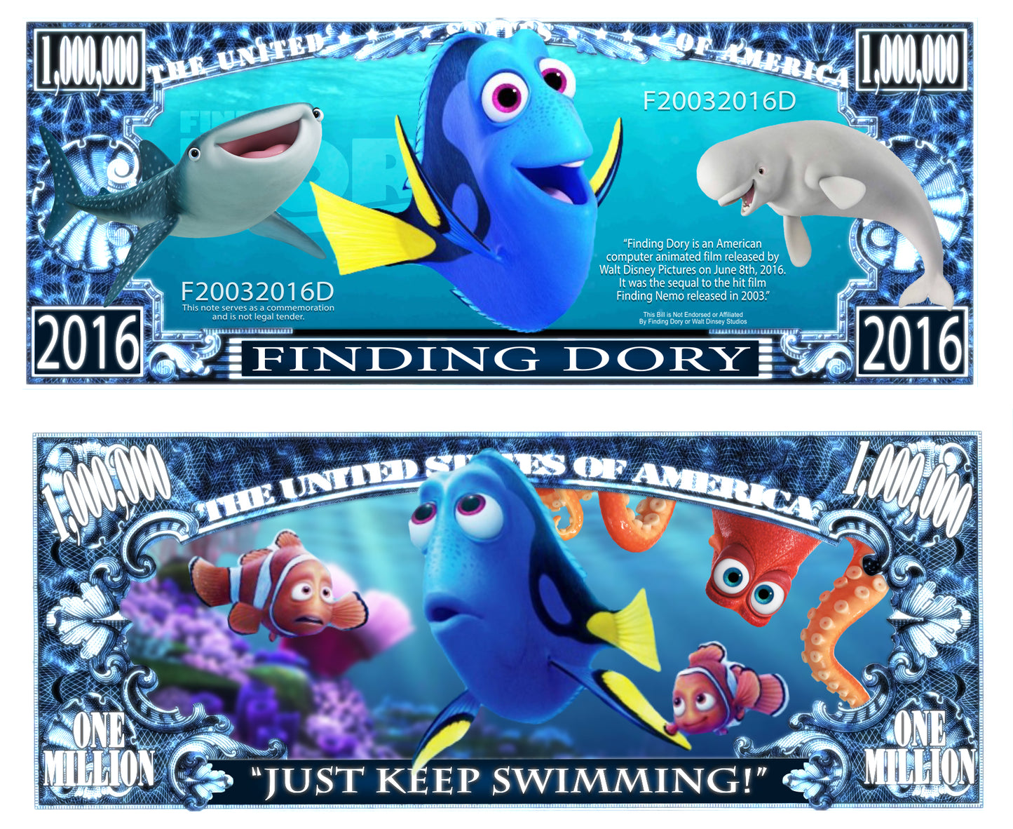 Arlo Wear Finding Dory Character Sea fish Commemorative Novelty Million Bill With Semi Rigid Protector