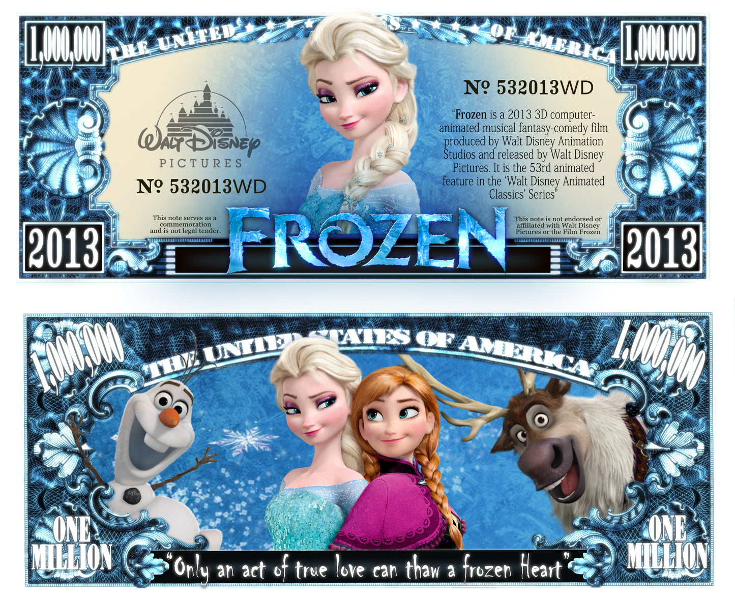 Arlo Wear Disney Cartoon Series Character Frozen Princess Elsa Commemorative Novelty Million Bill With Semi Rigid Protector Sleeve