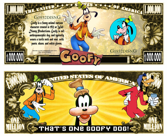 Arlo Wear Disney Character Goofy Dog Commemorative Novelty Million Bill With Semi Rigid Protector Sleeve