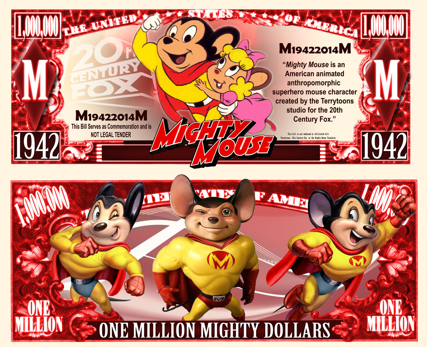 Arlo Wear Classic Cartoon Character Series Mighty Mouse Commemorative Novelty Million Bill With Semi Rigid Protector Sleeve