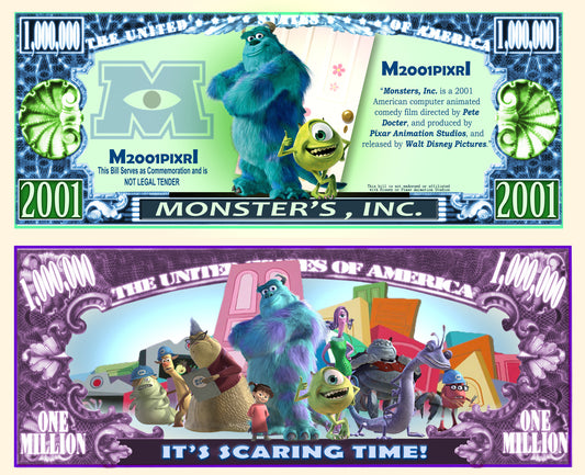 Arlo Wear Monster's Inc. Characters Commemorative Novelty Million Bill With Semi Rigid Protector Sleeve