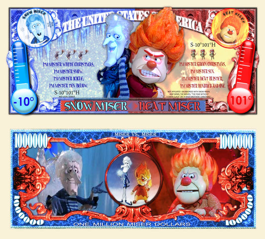 Arlo Wear Christmas Movie The Year Without a Santa Claus Cartoon Characters Snow Miser and Heater Miser Commemorative Novelty Million Bill With Semi Rigid Protector