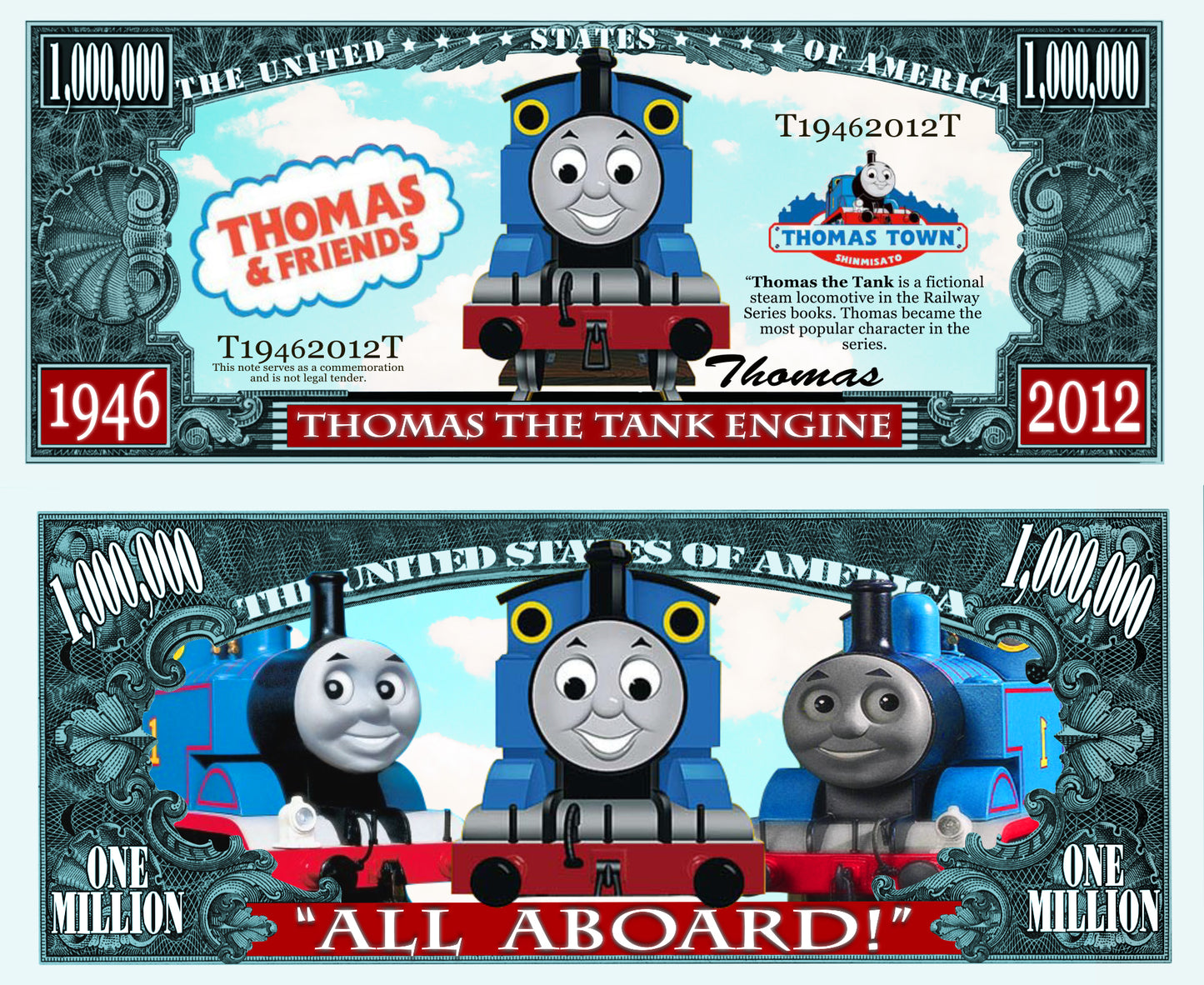 Arlo Wear Thomas and Friends Children's Cartoon Train Series Commemorative Novelty Million Bill With Semi Rigid Protector Sleeve