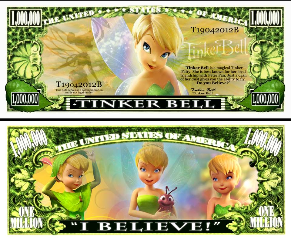 Arlo Wear Tinker Bell Fairy Peter Pan Disney Character Commemorative Novelty Million Bill With Semi Rigid Protector