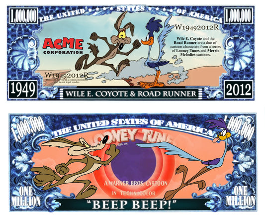 Arlo Wear Looney Tunes Characters Cartoon Wile E. Coyote and Road Runner Commemorative Novelty Million Bill With Semi Rigid Protector Sleeve